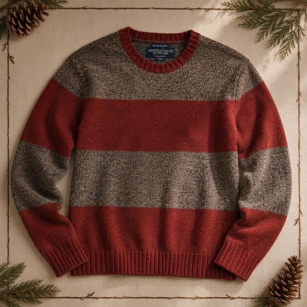 American Eagle Vintage Slim Fit Wool Sweater Mens XL Red Gray Stripe Cabin Fall